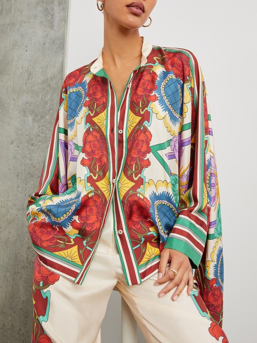 Exquisite Floral Print Single-breasted Ultra-loose Shirt - Threadford