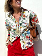 Floral Unique Print Button Down Oversized Blouse - Threadford