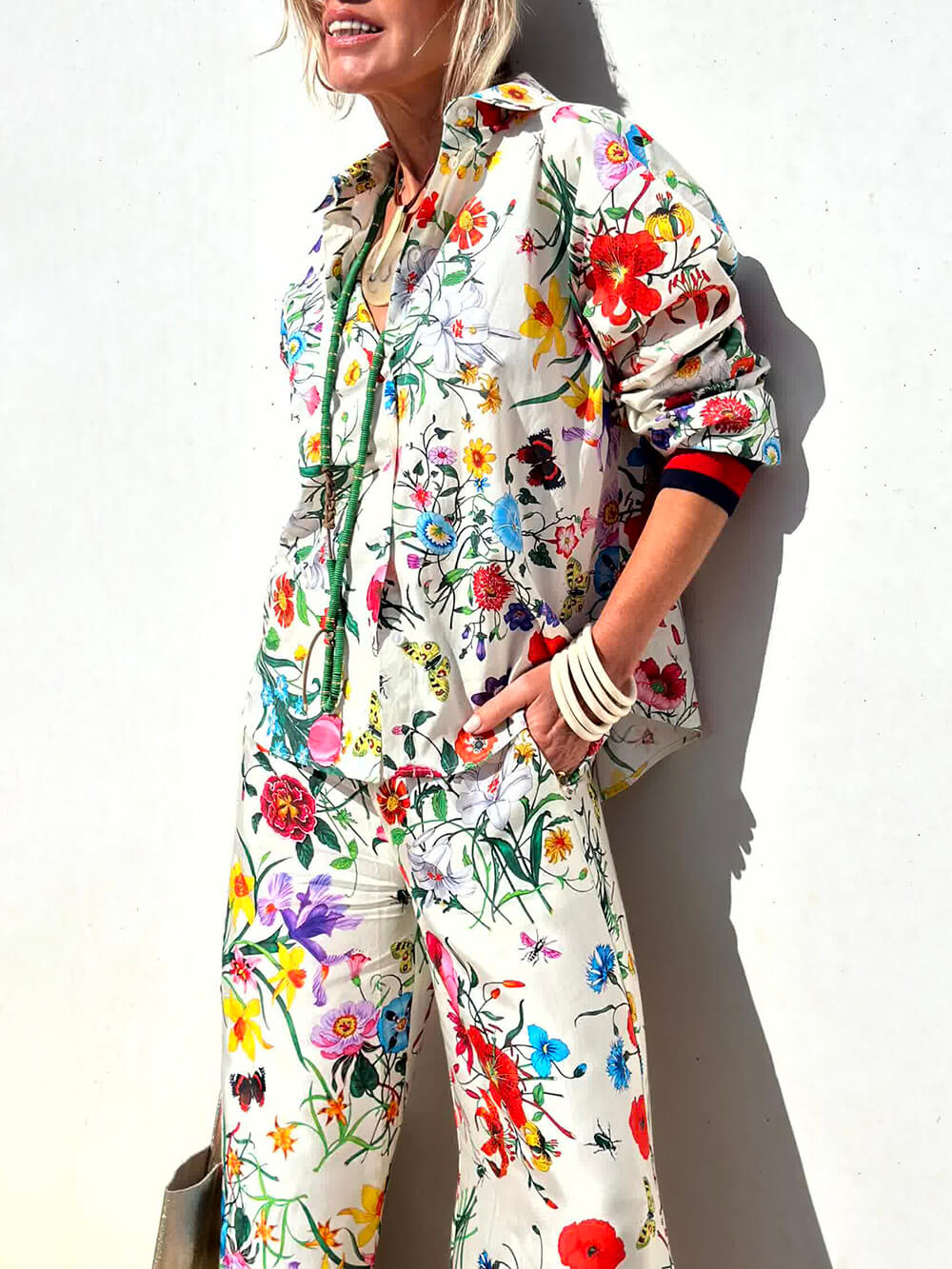 Floral Unique Print Button Down Oversized Blouse - Threadford
