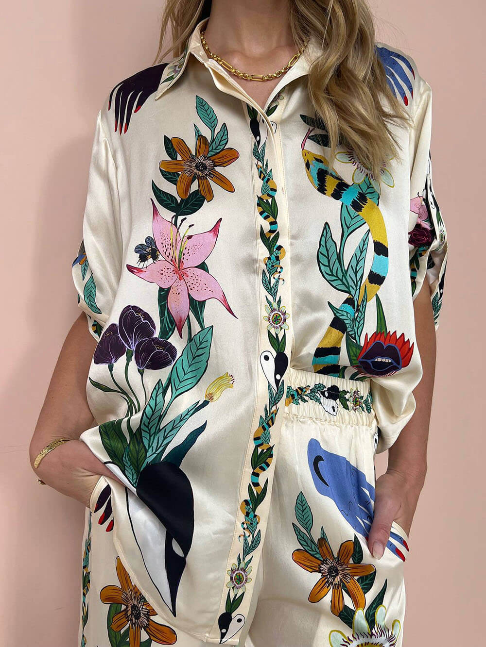 Modern Sophisticated Feel Satin Unique Print Button Down Oversized Blouse - Threadford