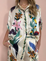 Modern Sophisticated Feel Satin Unique Print Button Down Oversized Blouse - Threadford