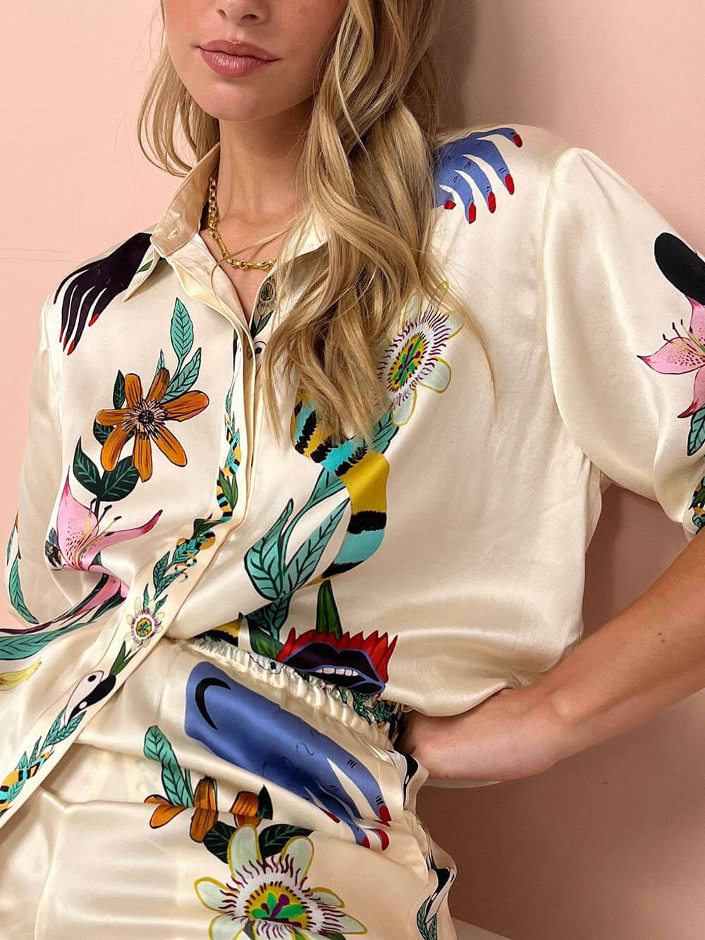 Modern Sophisticated Feel Satin Unique Print Button Down Oversized Blouse - Threadford