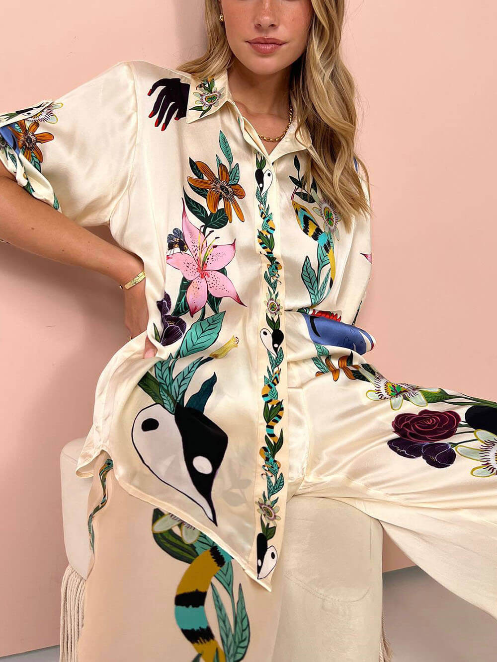Modern Sophisticated Feel Satin Unique Print Button Down Oversized Blouse - Threadford