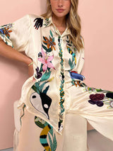 Modern Sophisticated Feel Satin Unique Print Button Down Oversized Blouse - Threadford
