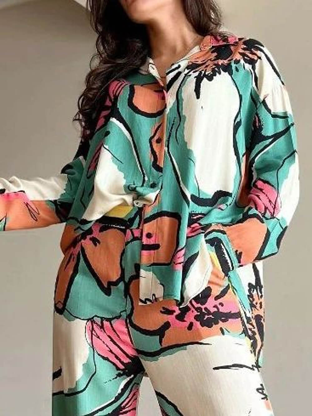 Unique Graffiti Print Casual Long Sleeve Shirt - Threadford