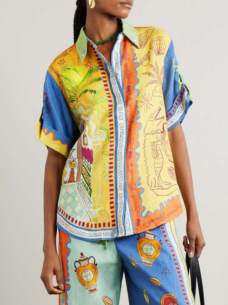 Unique Summer Fantasy Print Short-sleeved Loose Shirt - Threadford