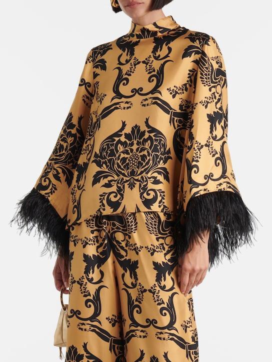 Ethnic Satin Print Feather Cuffs Loose Top - Threadford