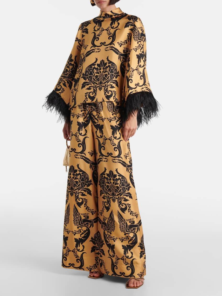 Ethnic Satin Print Feather Cuffs Loose Top - Threadford
