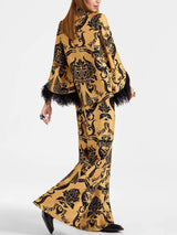 Ethnic Satin Print Feather Cuffs Loose Top - Threadford