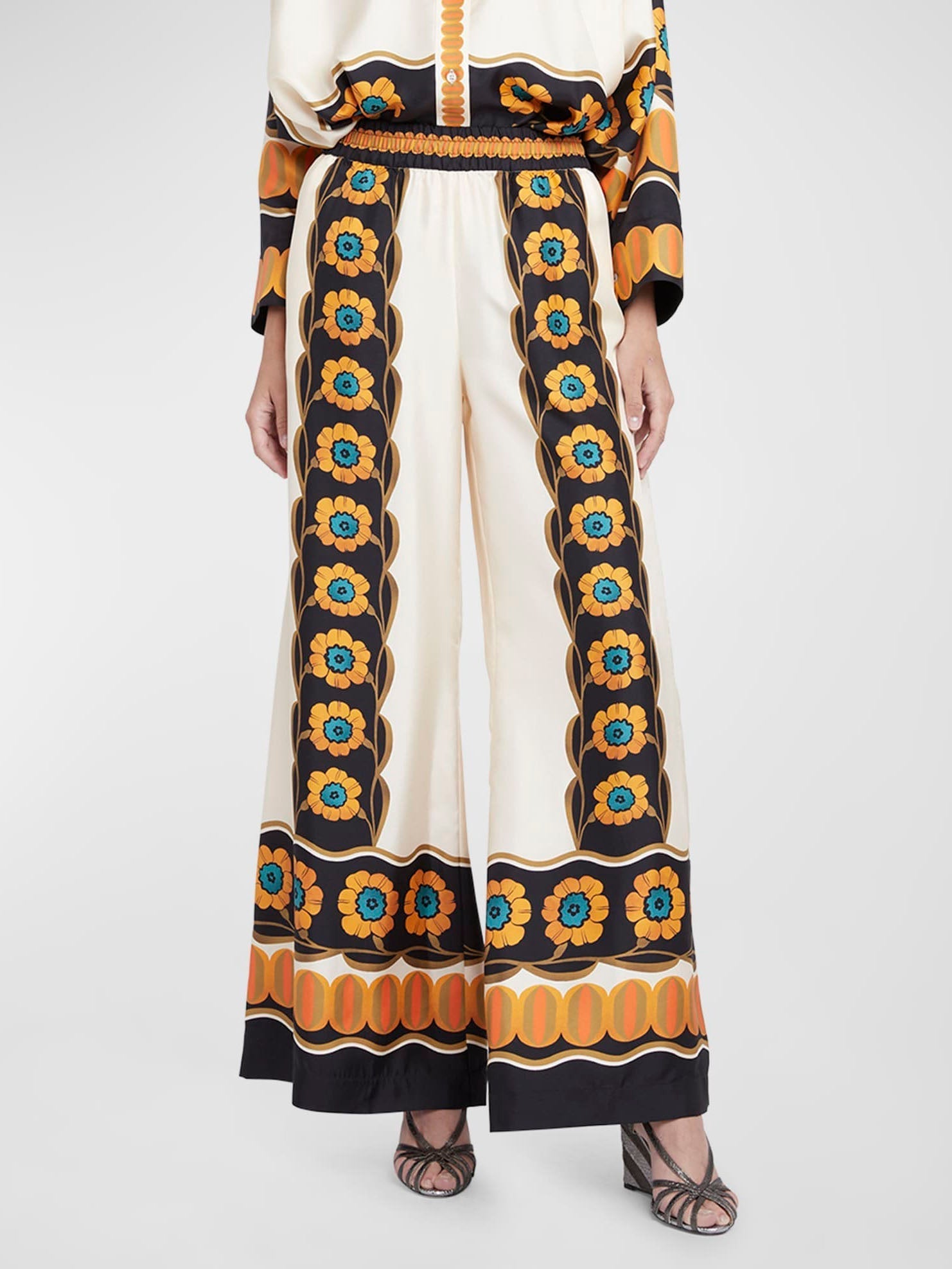 Satin Exquisite Flower Print Loose Wide-Leg Pants - Threadford