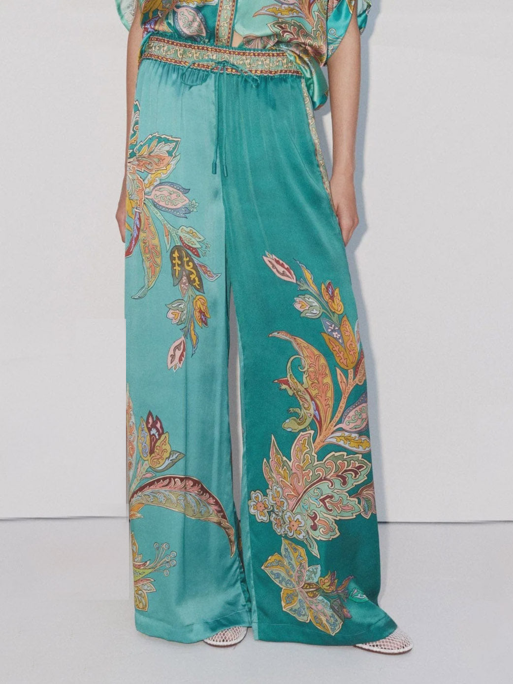 Exquisite Satin Unique Plant Flower Print Loose Wide-Leg Pants - Threadford
