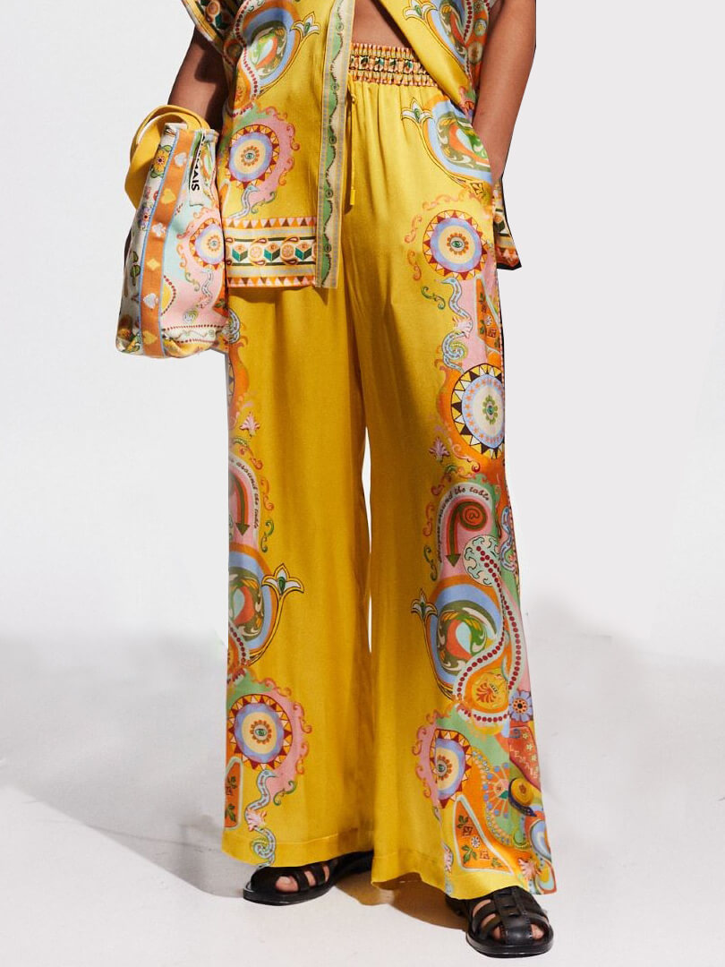 Exquisite Satin Unique Cashew Flower Print Loose Wide-Leg Pants - Threadford
