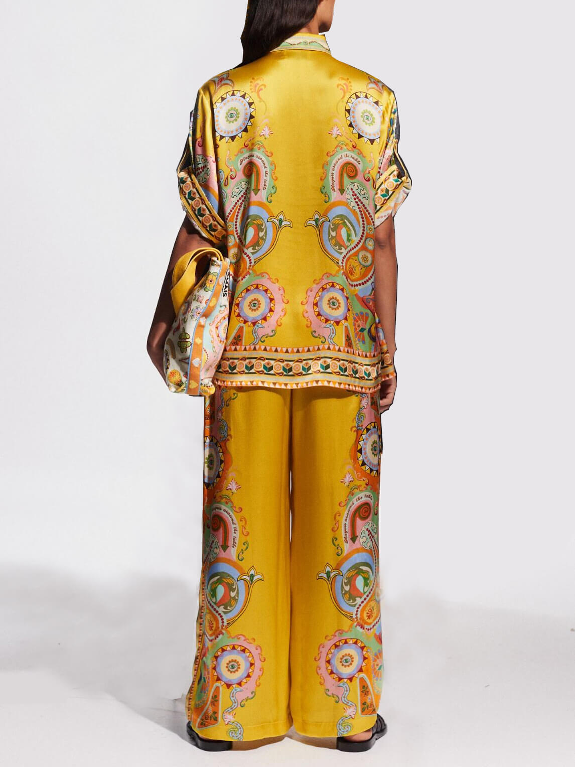 Exquisite Satin Unique Cashew Flower Print Loose Wide-Leg Pants - Threadford