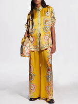 Exquisite Satin Unique Cashew Flower Print Loose Wide-Leg Pants - Threadford