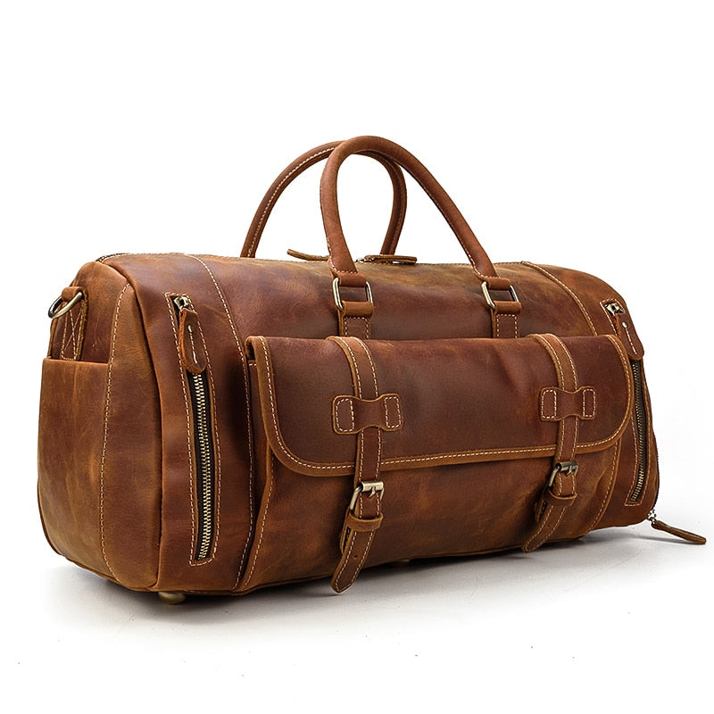 Retro Crazy Horse Leather Travel Bag with Separate Shoe Compartment - Threadford