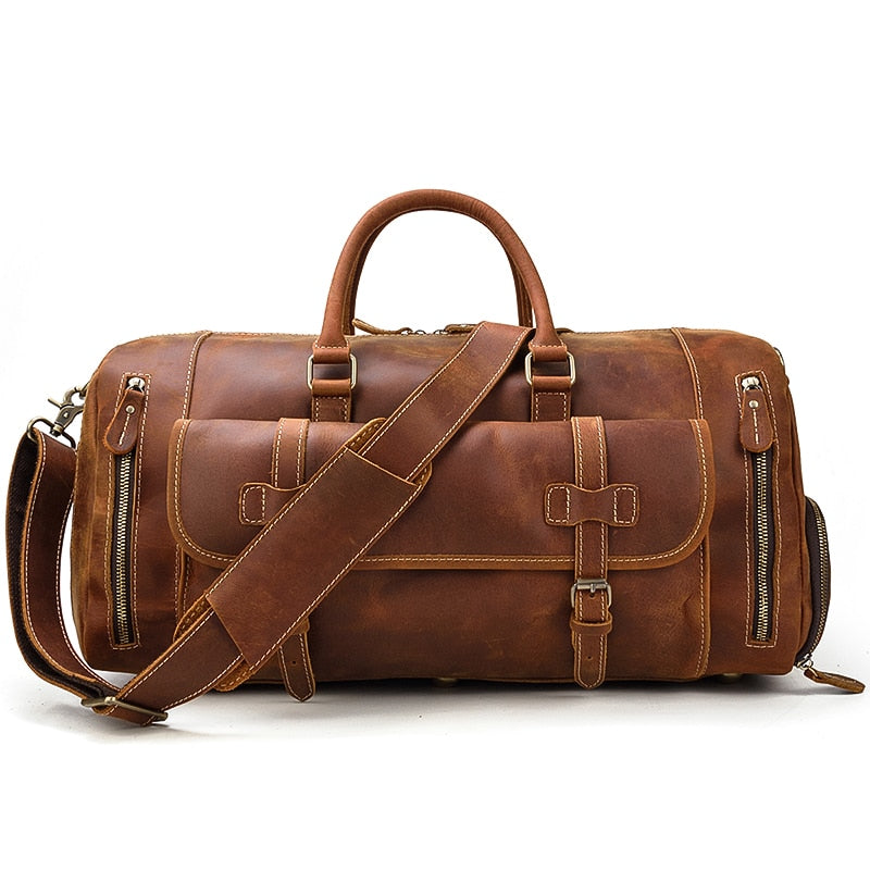 Retro Crazy Horse Leather Travel Bag with Separate Shoe Compartment - Threadford