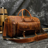 Retro Crazy Horse Leather Travel Bag with Separate Shoe Compartment - Threadford