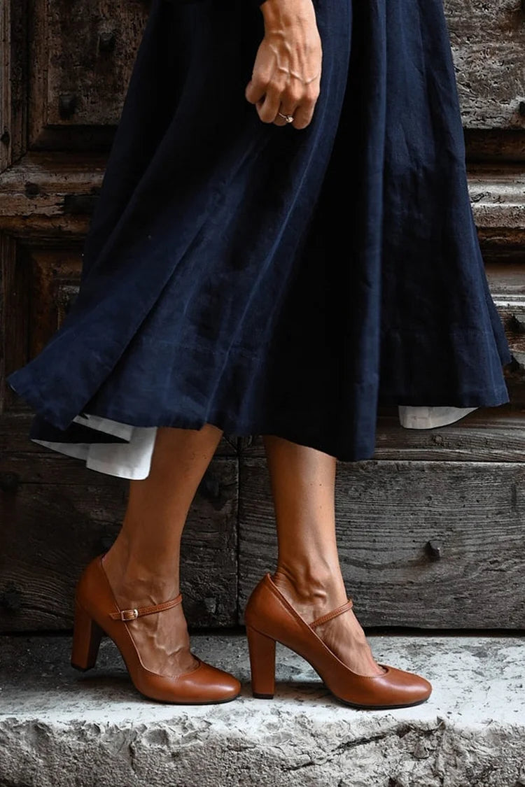 Brown Chunky Low Heels with Casual Buckle - Threadford