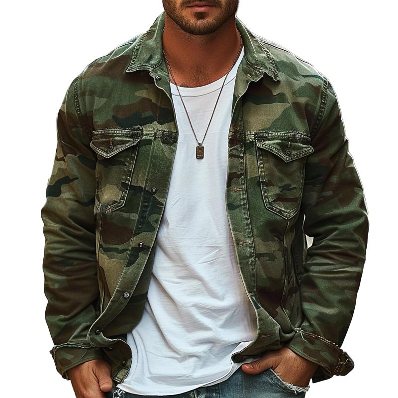 Men's Camouflage Canvas Retro Wear Lapel Jacket 18911497X - Threadford