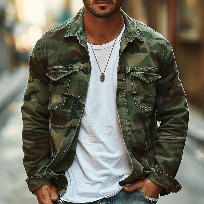 Men's Camouflage Canvas Retro Wear Lapel Jacket 18911497X - Threadford