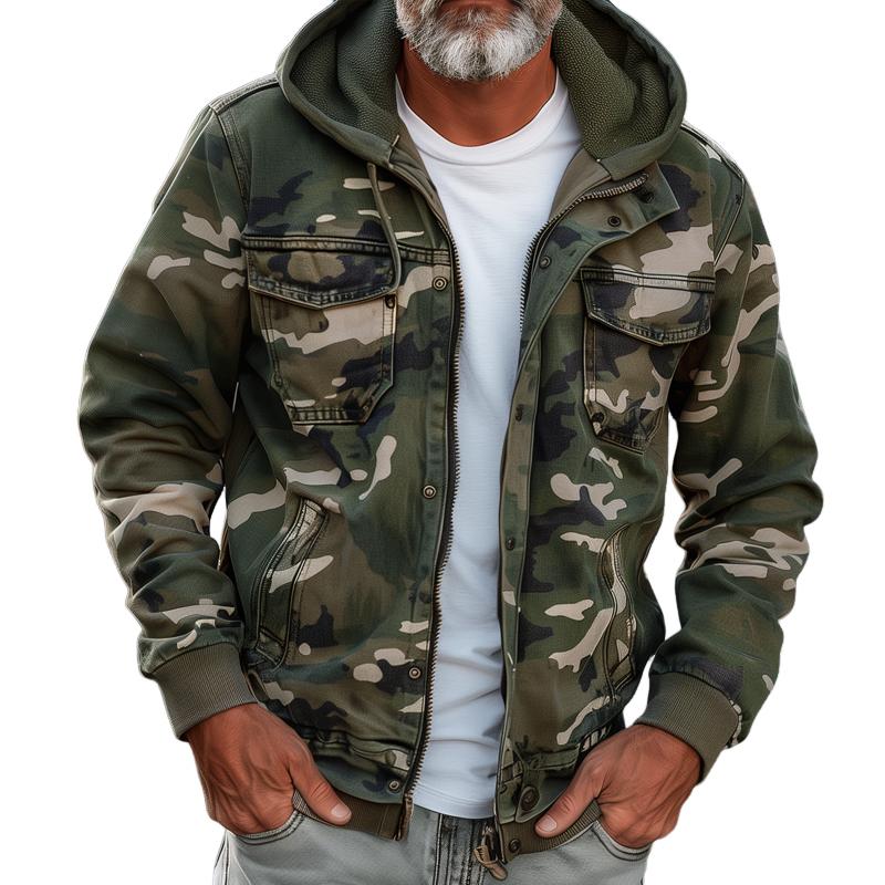 Men's Camouflage Hooded Multi-pocket Zip Cargo Jacket 69249000Z - Threadford