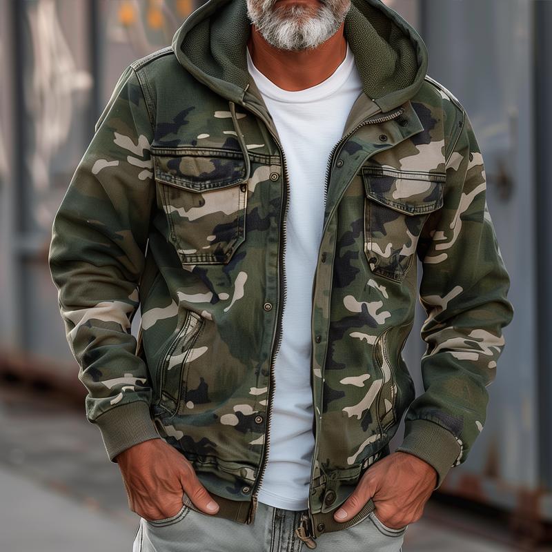 Men's Camouflage Hooded Multi-pocket Zip Cargo Jacket 69249000Z - Threadford