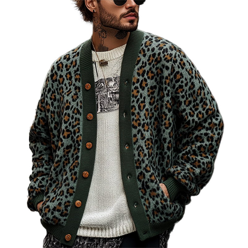 Men's Vintage Leopard Jacquard Colorblock Single Breasted Cardigan 23865460Y - Threadford