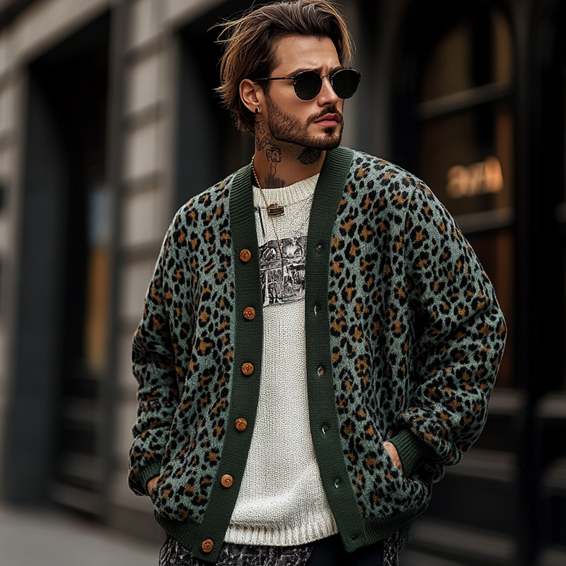 Men's Vintage Leopard Jacquard Colorblock Single Breasted Cardigan 23865460Y - Threadford