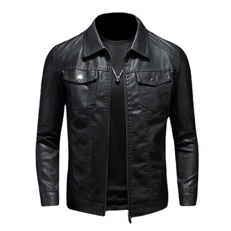Men's Lapel Leather Biker Jacket 37377631X - Threadford