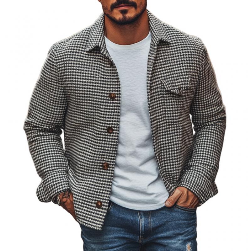 Men's Vintage Houndstooth Lapel Single Breasted Shirt Jacket 85588306M - Threadford