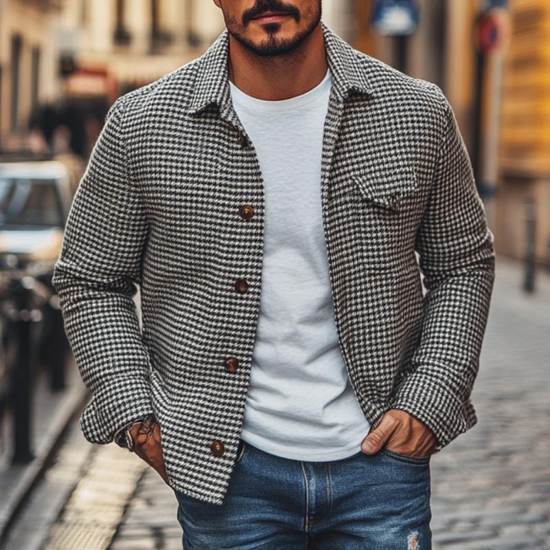 Men's Vintage Houndstooth Lapel Single Breasted Shirt Jacket 85588306M - Threadford