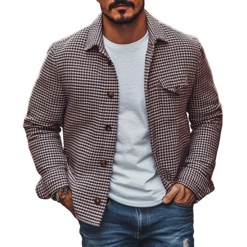 Men's Vintage Houndstooth Lapel Single Breasted Shirt Jacket 85588306M - Threadford