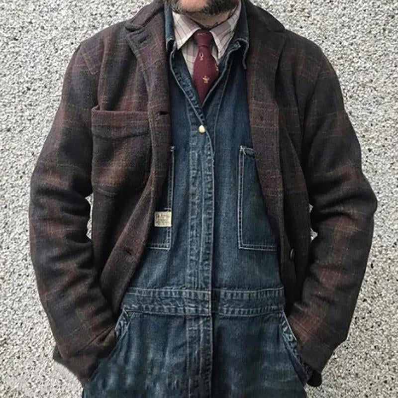 Men's Retro Checkered Lapel Loose Jacket 84918520X - Threadford
