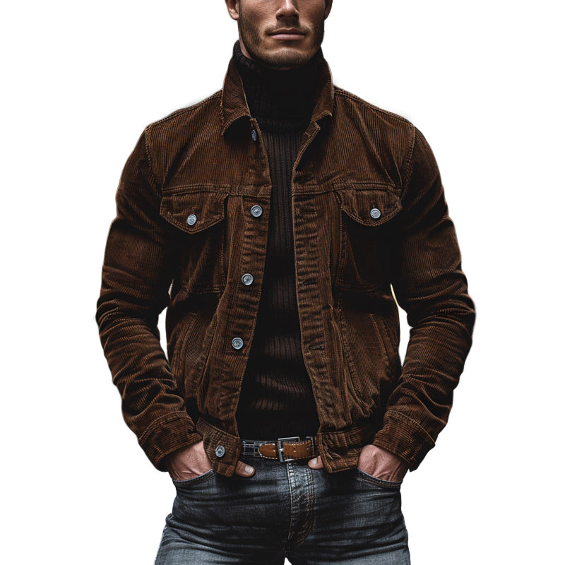 Men's Vintage Corduroy Lapel Single Breasted Multi-Pocket Work Jacket 43646517M - Threadford