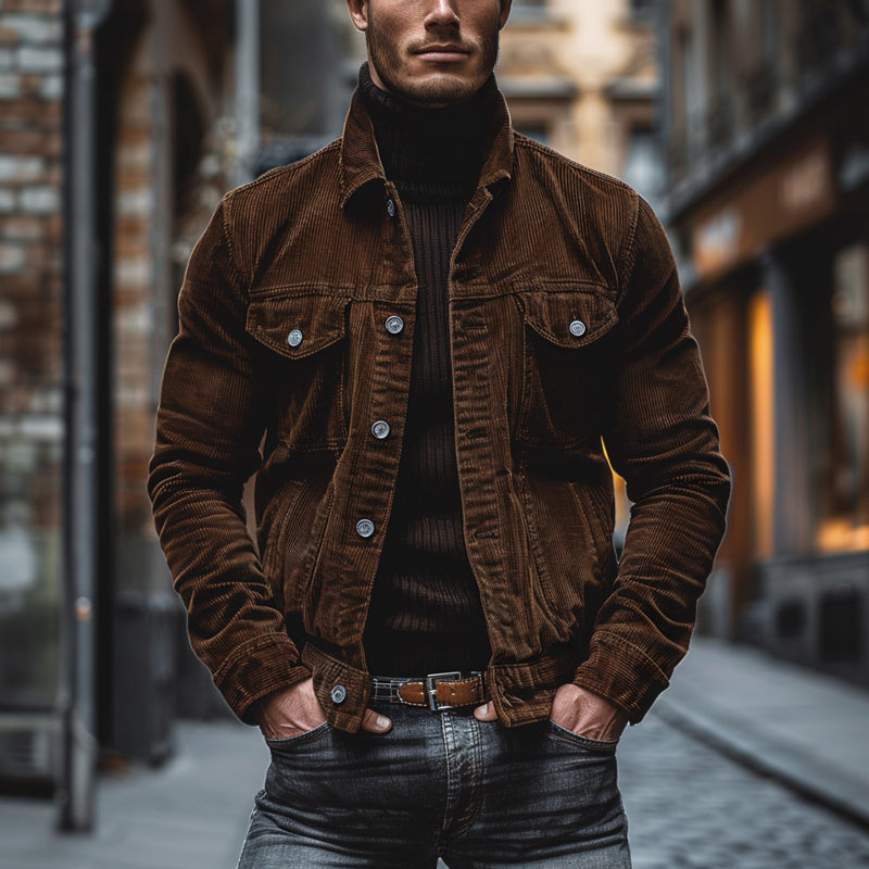 Men's Vintage Corduroy Lapel Single Breasted Multi-Pocket Work Jacket 43646517M - Threadford