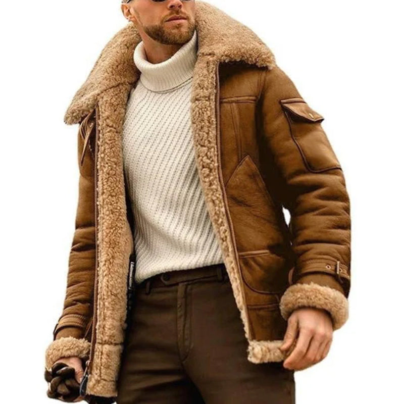 Men's Vintage Winter Lambswool Warm Lapel Multi-pocket Thick Coat 41317609M - Threadford