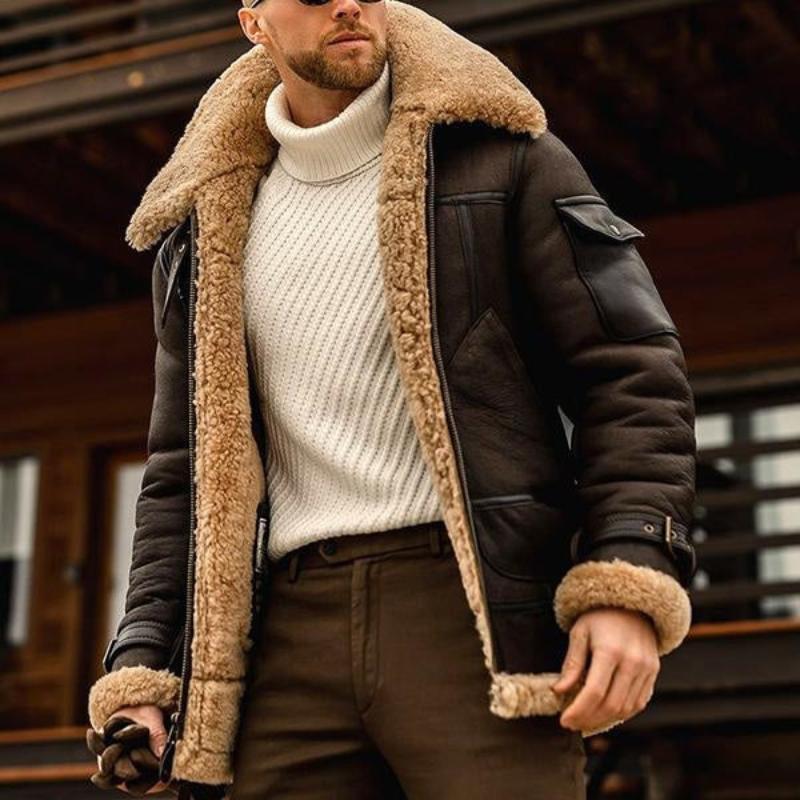 Men's Vintage Winter Lambswool Warm Lapel Multi-pocket Thick Coat 41317609M - Threadford