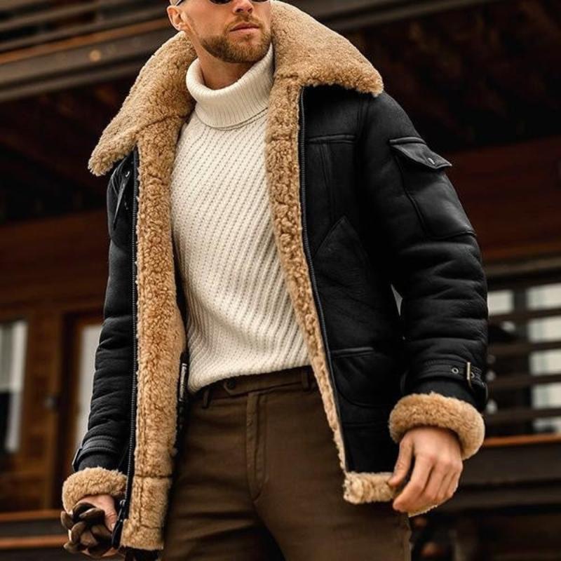 Men's Vintage Winter Lambswool Warm Lapel Multi-pocket Thick Coat 41317609M - Threadford