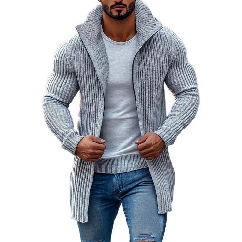 Men's Fashion Stand Collar Solid Striped Long Sleeve Mid-length Knit Cardigan 70689538Z - Threadford