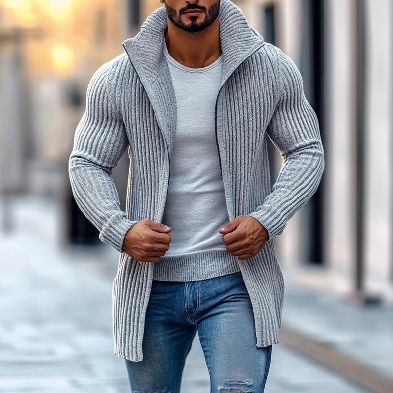 Men's Fashion Stand Collar Solid Striped Long Sleeve Mid-length Knit Cardigan 70689538Z - Threadford