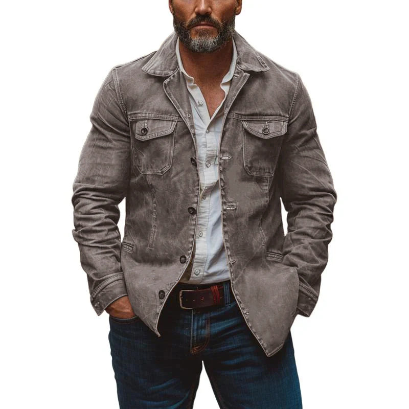 Men's Vintage Heavy Washed Leather Lapel Single Breasted Multi-Pocket Work Jacket 23094806M - Threadford