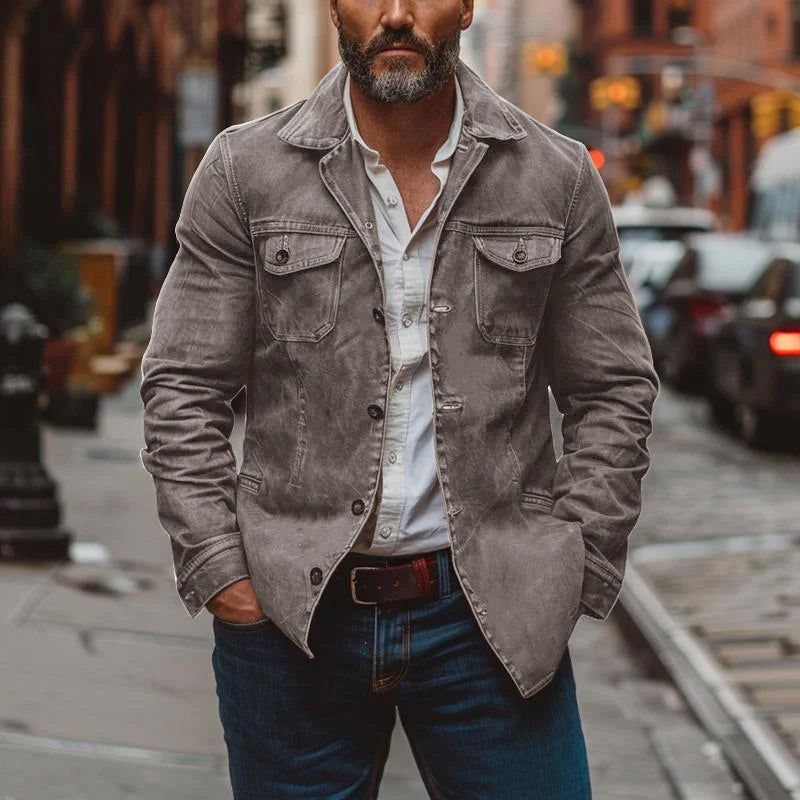 Men's Vintage Heavy Washed Leather Lapel Single Breasted Multi-Pocket Work Jacket 23094806M - Threadford