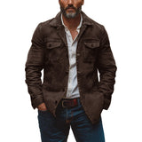Men's Vintage Heavy Washed Leather Lapel Single Breasted Multi-Pocket Work Jacket 23094806M - Threadford