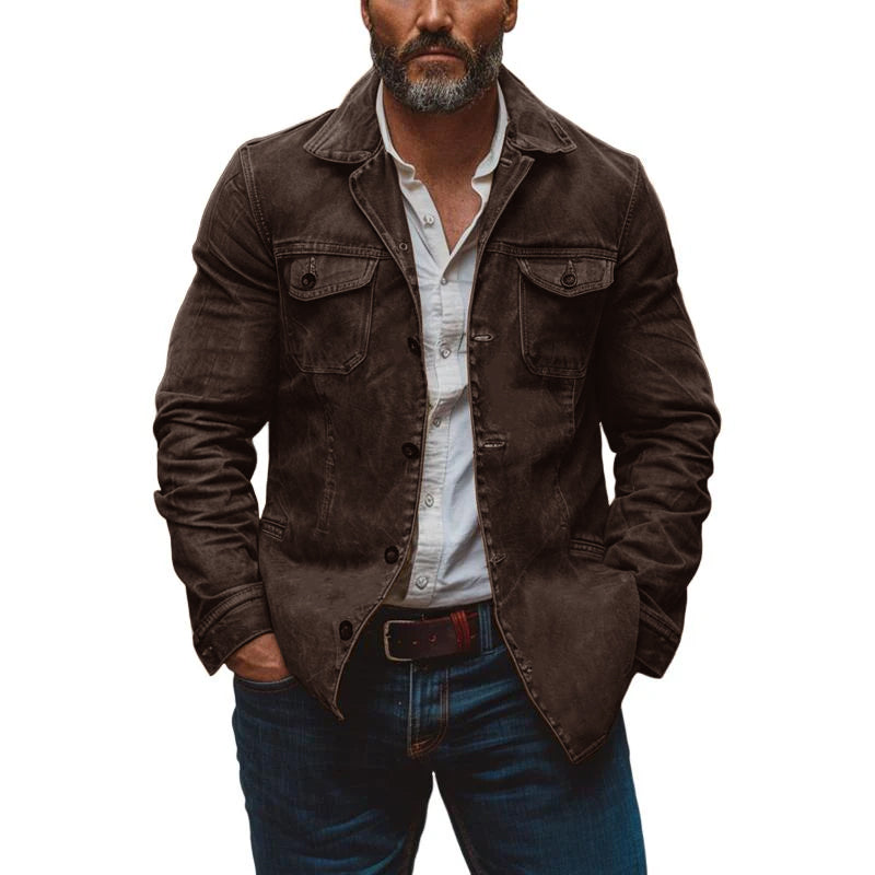 Men's Vintage Heavy Washed Leather Lapel Single Breasted Multi-Pocket Work Jacket 23094806M - Threadford