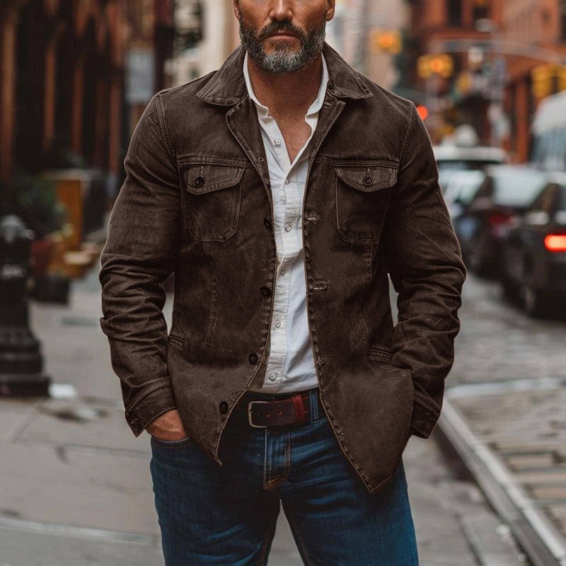 Men's Vintage Heavy Washed Leather Lapel Single Breasted Multi-Pocket Work Jacket 23094806M - Threadford