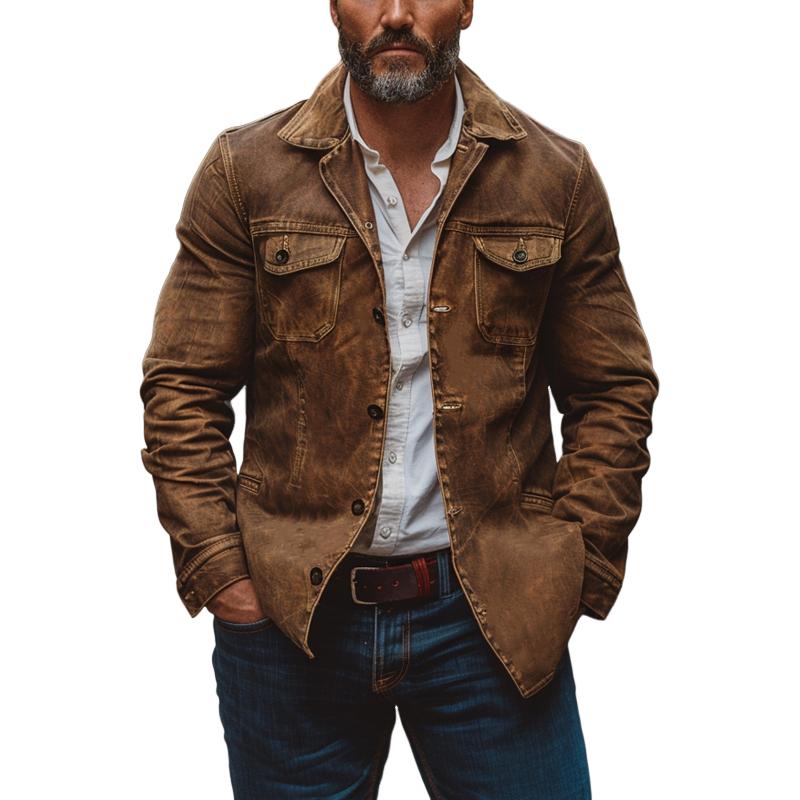 Men's Vintage Heavy Washed Leather Lapel Single Breasted Multi-Pocket Work Jacket 23094806M - Threadford