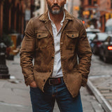 Men's Vintage Heavy Washed Leather Lapel Single Breasted Multi-Pocket Work Jacket 23094806M - Threadford