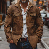 Men's Vintage Heavy Washed Leather Lapel Single Breasted Multi-Pocket Work Jacket 23094806M - Threadford