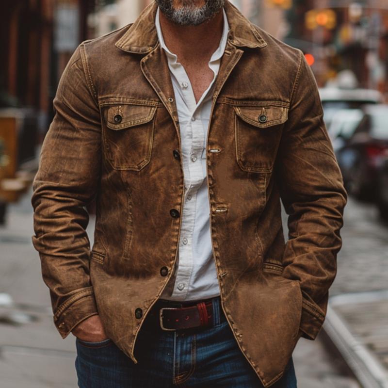Men's Vintage Heavy Washed Leather Lapel Single Breasted Multi-Pocket Work Jacket 23094806M - Threadford