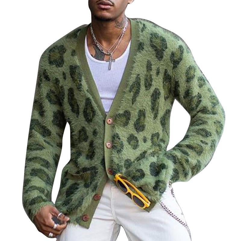 Men's Vintage Leopard V-Neck Single-Breasted Cardigan 03568715Y - Threadford